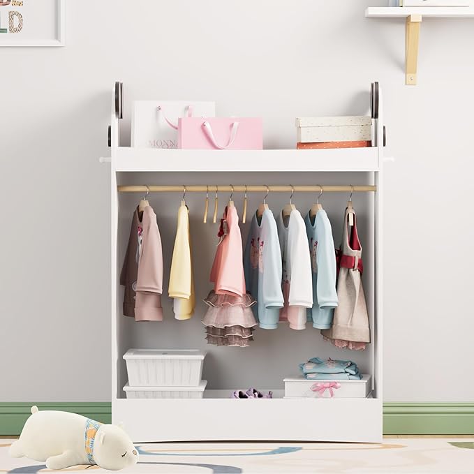 Kids Dress Up Storage Rack Mirror Wood Child Wardrobe 2 Hooks 2 Fabric Bins Toddler Closet Girls Boys Open Hanging Armoire Storage Shelf Coat Costume Hat Shoe (White)