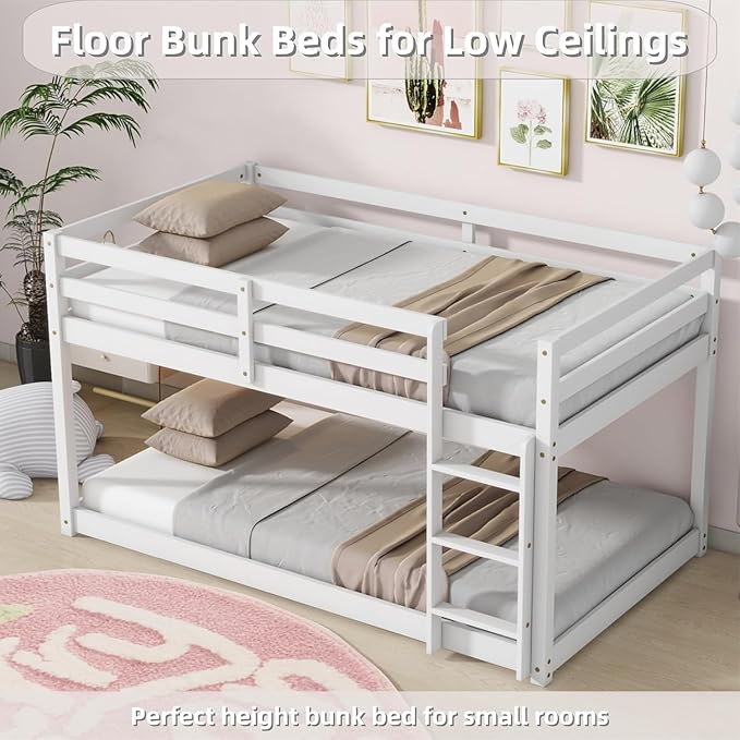 Merax Solid Wood Low Bunk Bed Frame for Kids/Toddlers/Junior, with Built-in Ladder, High Guardrail and Slats, Floor Bed Bottom Bunk, No Box Spring Needed, for Small Spaces, Twin-Over-Twin, White