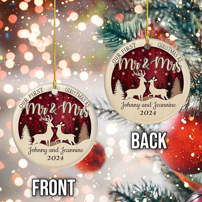 wowcugi Personalized First Christmas As Mr and Mrs Ornament Personalized Reindeer Couple Ceramic Ornaments Engagement Ornament Wedding Keepsake Gifts for Newlywed Xmas Tree Decorations