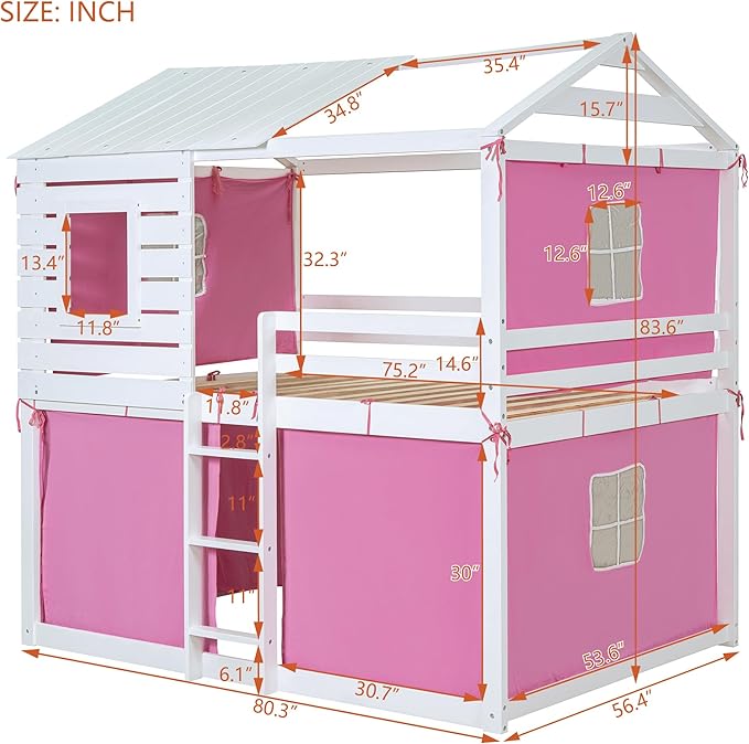 Full Size House Bed Tent Bed with Windows for Kids Teens Boys Girls, Solid Wood Bunk Bed Frame with Guardrails, Versatile Spacious Under Bed Space with Curtains (Pink-Tent Full)