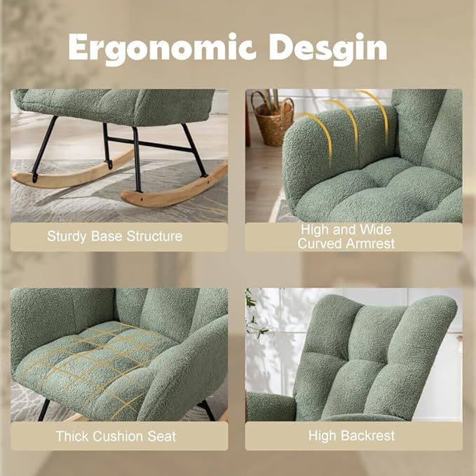 Nursery Rocking Chair Teddy Upholstered Glider Rocker Rocker Accent Chair with High Backrest Armchair Comfy Side Pocket Modern Rocking Accent Chairs for Living Room, Nursery, Office-Green