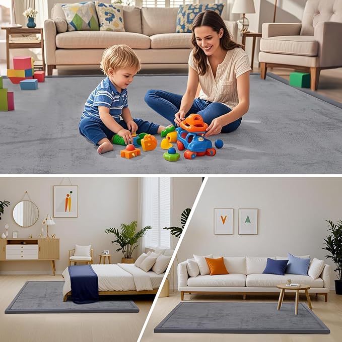 ACOMOPACK Baby Play Mat Area Rug for Living Room 1.3" Thick Memory Foam 59"×71" Dark Grey- Non-Slip Bottom for Kid, Toddler, Tummy Time Crawling Mat for Floor, Soft Velvet Nursery Rugs, Yoga