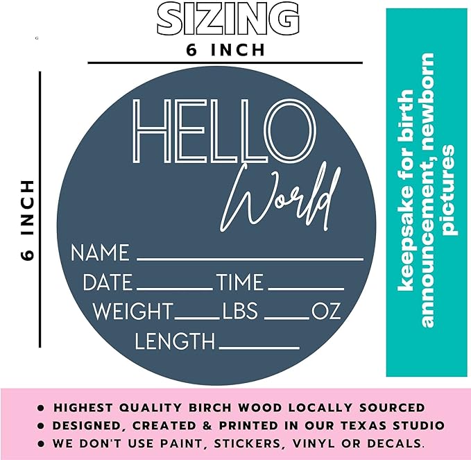 Hello World Newborn Sign - Baby Name Birth Announcement Plaque for Hospital - Photo Prop - Blue Nursery Decor - Shower Gift