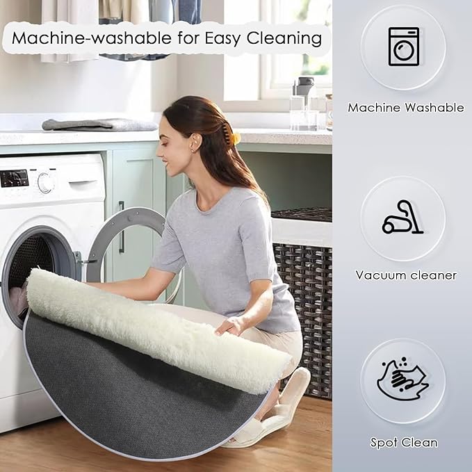 Amdrebio Ivory White Round Rug 5Ft for Bedroom Living Room Aesthetic, Washable Fluffy Fuzzy Circle Area Rugs for Kids Room Playroom, Circular Plush Soft Shaggy Cream Carpet for Dorm Teen Baby Nursery