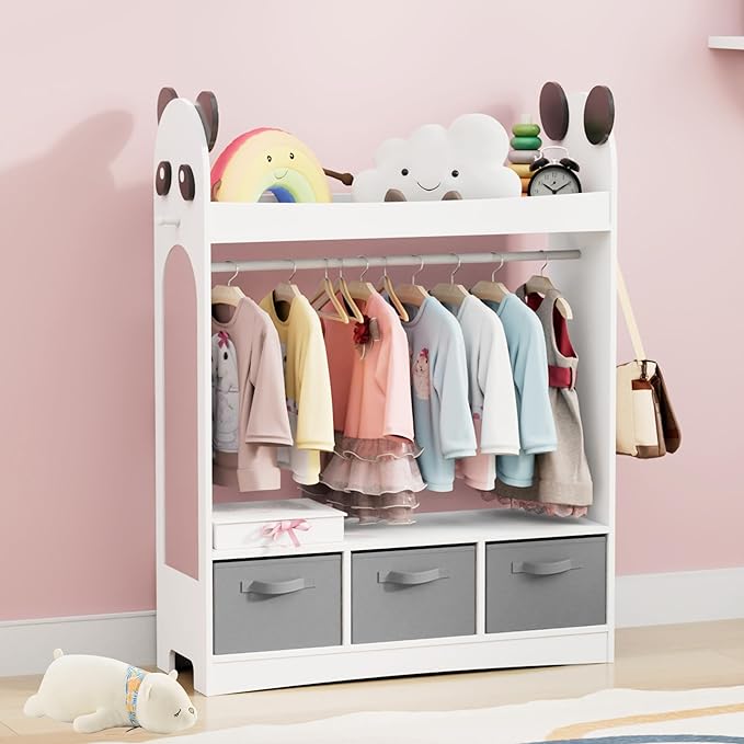 Kids Dress Up Storage Rack Mirror Wood Child Wardrobe 2 Hooks 2 Fabric Bins Toddler Closet Girls Boys Open Hanging Armoire Storage Shelf Coat Costume Hat Shoe (White/Panda/Three Drawers)