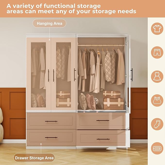 Armoire Wardrobe Closet with Glass Door: White 4 Glass Door Wood Wardrobe Closet with 4 Drawer Wooden Bedroom Armoire with Hanging Rods for Home/Bedroom/Living Room