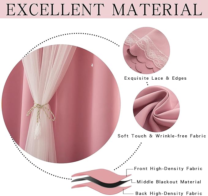 Pink Blackout Curtains for Girls Bedroom Cute- Aesthetic Star Cutout Double Layer with Sheer Overlay, 84 Inches Long, 2 Panels Baby Nursery Curtains Kids Room Decor Drapes