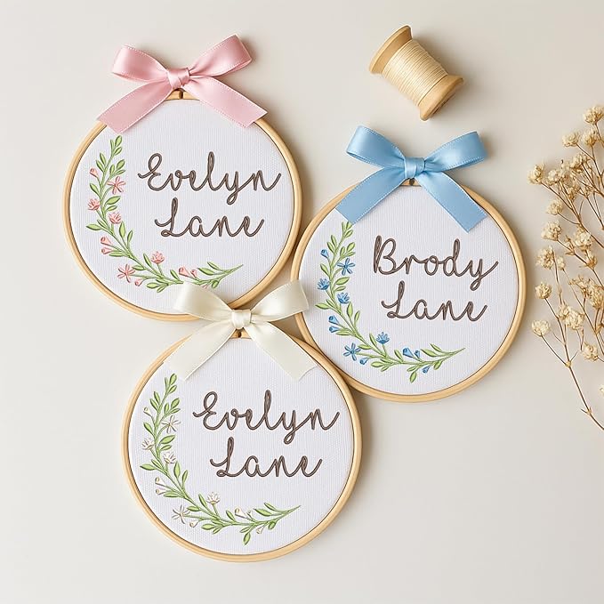 Personalized Baby Name Sign Welcome Baby Announcement Sign Newborn Baby Embroidery Hoop with Bows Baby Hospital Name Sign Custom Infant Baby Name Baby Shower Gifts (12)