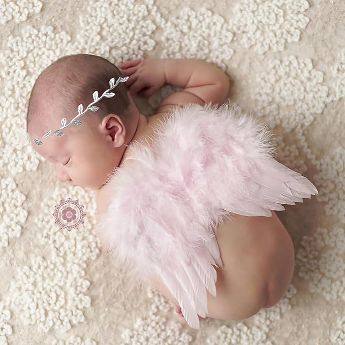 2PCS Pink Angel Wings With Leaf Headband For Newborn Infant Photo Props Soft Feather Wings For Kids Photo Outfits Baby Girls Costume(Color G, One Size)