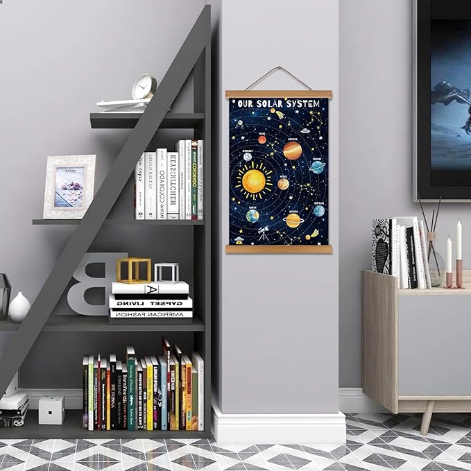 KAIRNE Our Solar System Decor With Wood Magnetic Hanger,Universe Hanging Posters(35X56CM) Outer Space Themed Wall Art,Children Planets Learning Canvas For Kids Boys Bedroom Space Playroom Decor