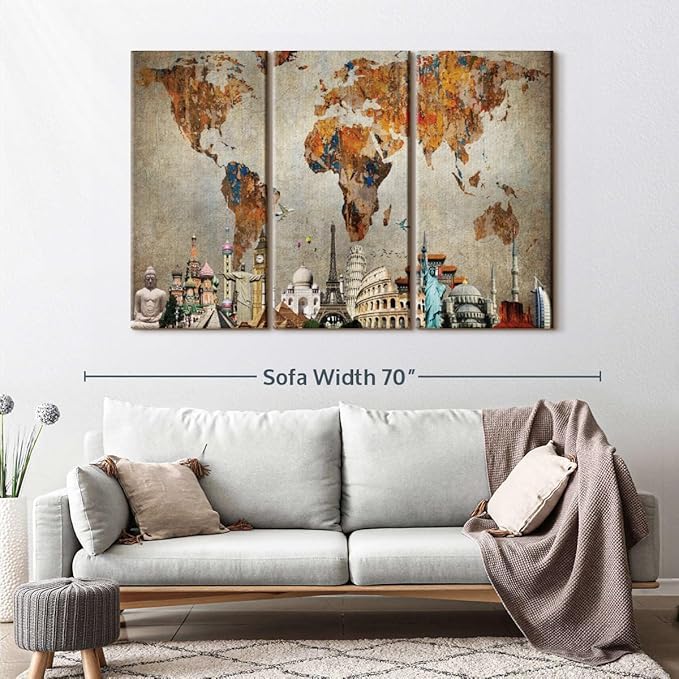 ElephantStock Rusty World Map Multi Piece Canvas - 3 Piece Canvas World Map Wall Decor - Wall Decor - Ready-to-Hang Print - Vintage Wall Art - 57" X 36"