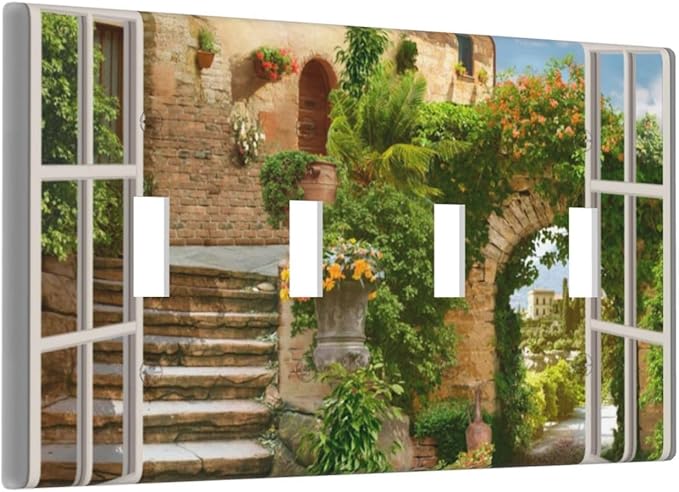 Mediterranean Greece Scene Flowers Quad Toggle Wall Plate Covers Decorative 4-Gang Wall Plates Italian Town from Another Window Electrical Switchplate for Bathroom Bedroom Kitchen Decor 4.5 X 8 In