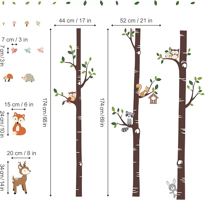 decalmile Large Birch Tree and Forest Animal Wall Decals Owl Squirrel Deer Wall Stickers Baby Nursery Kids Bedroom Living Room Wall Decor (H: 69 Inches)