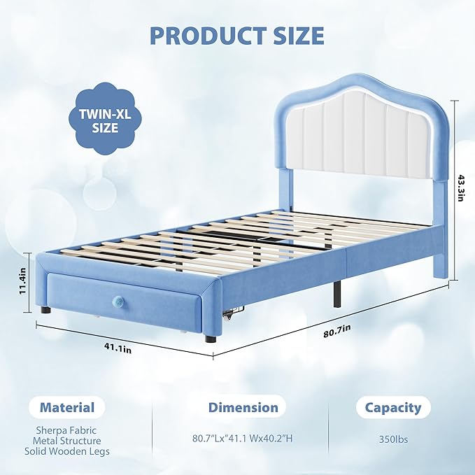 GarveeHome Twin-XL Upholstered Bed Frame with Storage Drawer and Smart Led Headboard, Twin-XL Size Platform Bed Frames for Kids, Wooden Slats Support, No Box Spring Needed, Easy Assembly, Blue