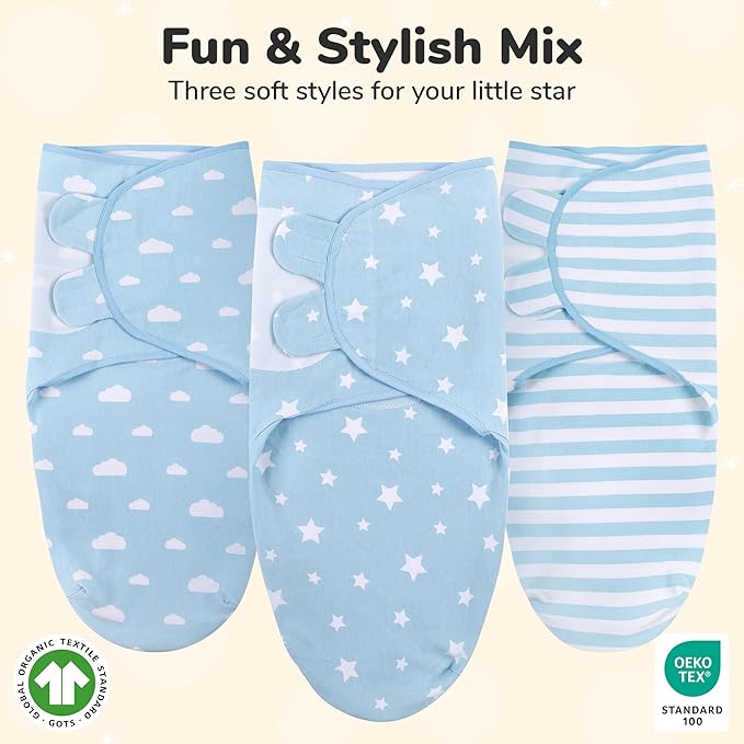 Mama Cheetah Preemie Swaddle Sack, Organic Cotton Sleep Sacks - Easy Swaddles for Premature Baby Boy Blanket Wrap, 4-7 lbs, Newborn Essentials, 3-Pack, Blue