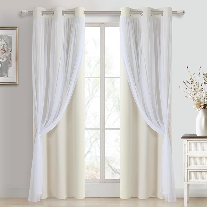 DWCN Blackout and Sheer Curtains with Tiebacks Layered Curtains for Living Room Grommet Top Window Curtain Panels with Sheer Overlay, 38 W by 84 L, Ivory, 2 Pieces