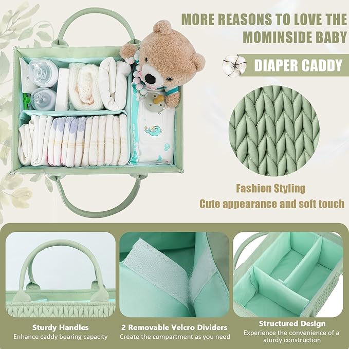 MOMINSIDE Baby Diaper Caddy Diaper Caddy Organizer, Baby Basket Nursery Storage, Portable Changing Table Car caddy organizer for Girl Boy, Baby Registry Baby Shower Gifts (Fair Green)