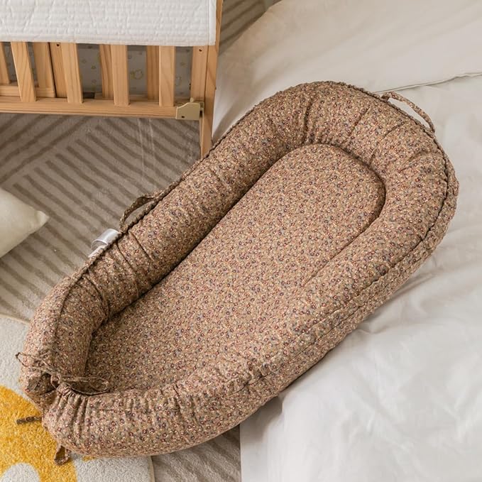 Infant Lounger, Baby Nest Cover for Baby Girls & Boys, Newborn Essentials for Baby 0-12 Months, 100% Cotton Breathable (BrownBlossom_Muslin)