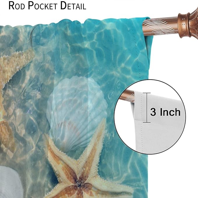 Beach Curtain for Bathroom Decor，Sea Turtle Starfish Seashell Nautical Ocean Coastal Scenery Art Printed Fabric Polyester Waterproof Set 2 Panels,63x72 Inches