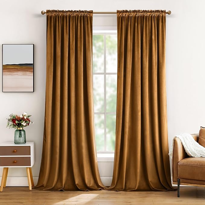 MIULEE Golden Brown Velvet Curtains Thermal Insulated Blackout Curtain Drapes for Bedroom Living Room Darkening 84 Inches Long Curtains Panels Rod Pocket Set of 2