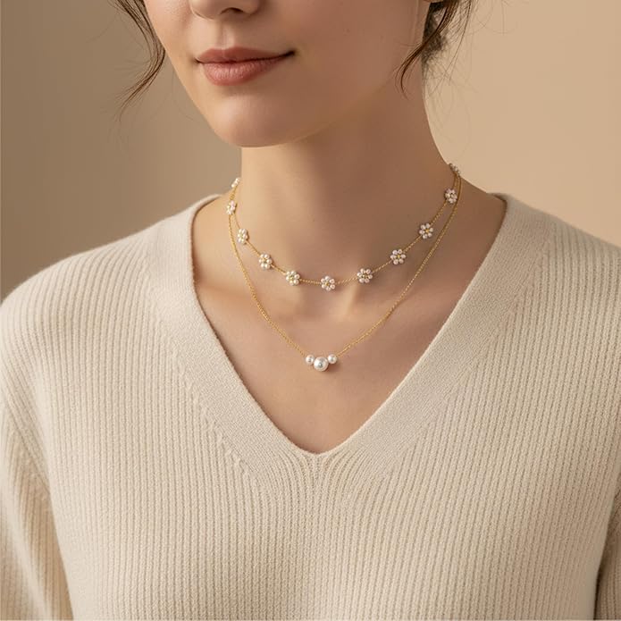 SmileBelle Pearl Necklaces for Women, Daisy Pearl Choker as Christmas Stocking Stuffers for Teens, Silver Daisy Pearls Jewelry Trendy Stuff Birthday Gifts 3 Pearls White Necklace as Wedding Jewelry