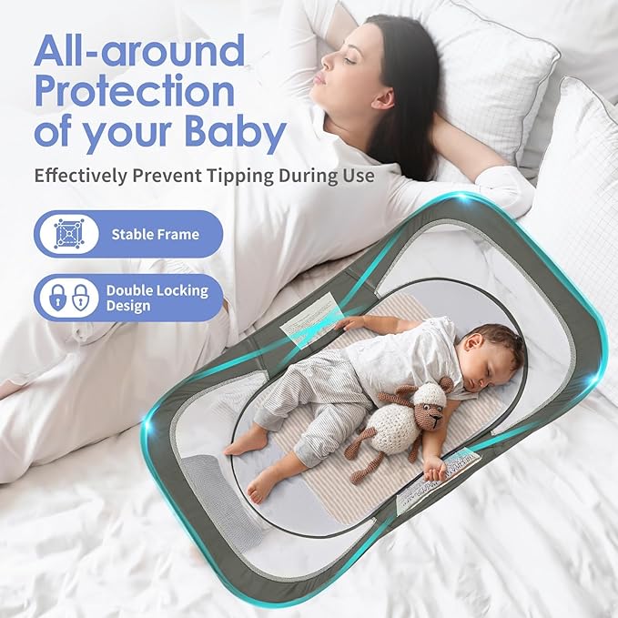 Bedside Bassinet for Baby, Portable Baby Bassinet Travel Bed with Mosquito Net & Sunshade, Lightweight Foldable Baby Crib with Easy-Clean Fabric for Home & Outdoor