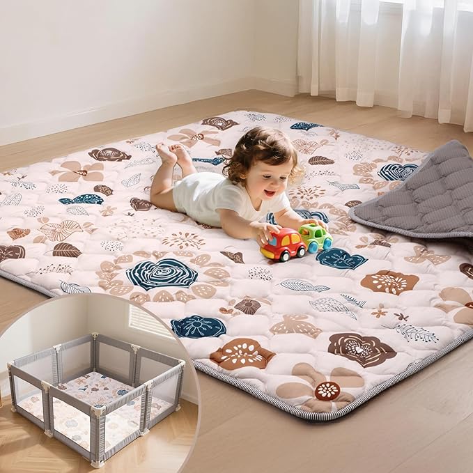 Baby Play Mat for Floor,50x50 Inch Soft Padding Crawling Mat for Playpen, Foldable and Machine Washable, Thick for Babies & Toddlers,Boho Flower