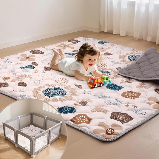 Baby Play Mat for Floor,50x50 Inch Soft Padding Crawling Mat for Playpen, Foldable and Machine Washable, Thick for Babies & Toddlers,Boho Flower
