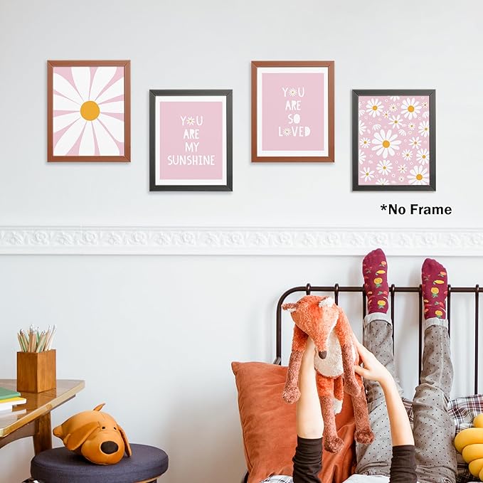 AEHIE Boho Pink Daisy Flower Decor Wall Art Print, You Are My Sunshine Poster for Baby Girls Room Nursery, Bohemian Wall Decor, 4pcs