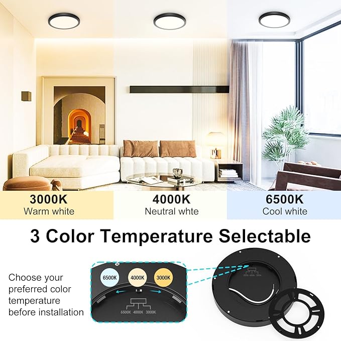 libtit 6Pack 7 inch Flush Mount Ceiling Light - 15W 1500Lm Surface Mount LED Light Fixture,3000k/4000k/6500k Color Selectable, Black Thin Flat Round LED Lamp for Bathroom Kitchen Laundry