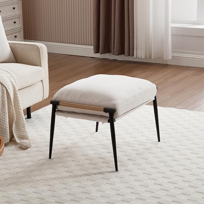 DUOMAY Cute Chenille Single Footrest, Upholstered Footstool with Black Metal Legs Mid Century Modern Vanity Room Ottoman Shoe Stool for Living Room Bedroom Dressing Room, Beige