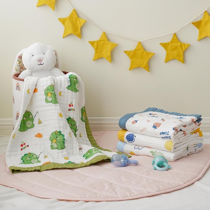 Muslin Baby Blankets, Nursery Blankets for Boys Girls, Swaddle Blankets Neutral Soft Lightweight Toddler and Kids Throw Blankets (Green Dinosaur)