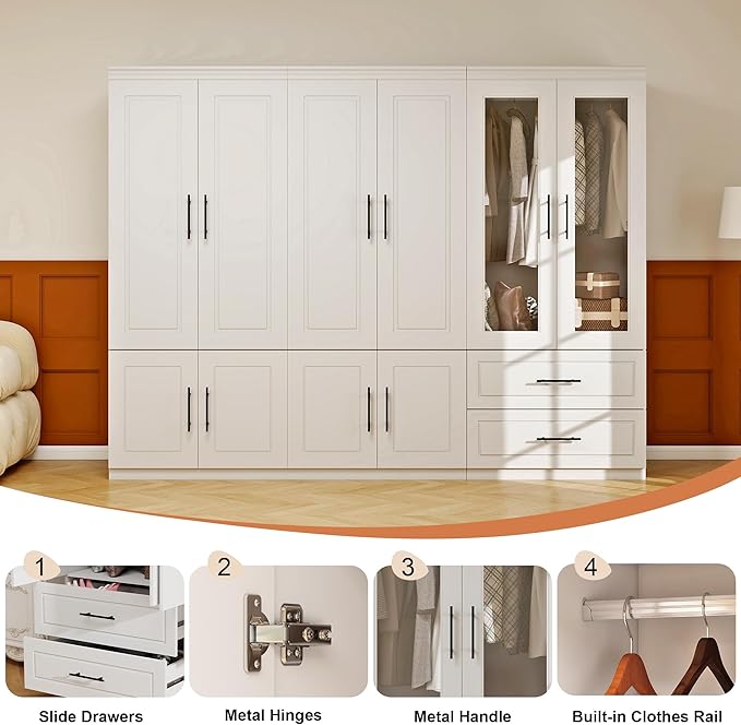 Armoire Wardrobe Closet with Glass Door: White 6 Door Wood Wardrobe Closet Combination Wooden Bedroom Armoire 2 Drawer with Hanging Rods for Home/Bedroom/Living Room