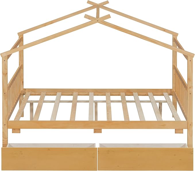 Merax Full Size Wooden House Bed with Two Drawers, Wood Bed Frame with Roof for Kids, Teens, Boys or Girls, Natural