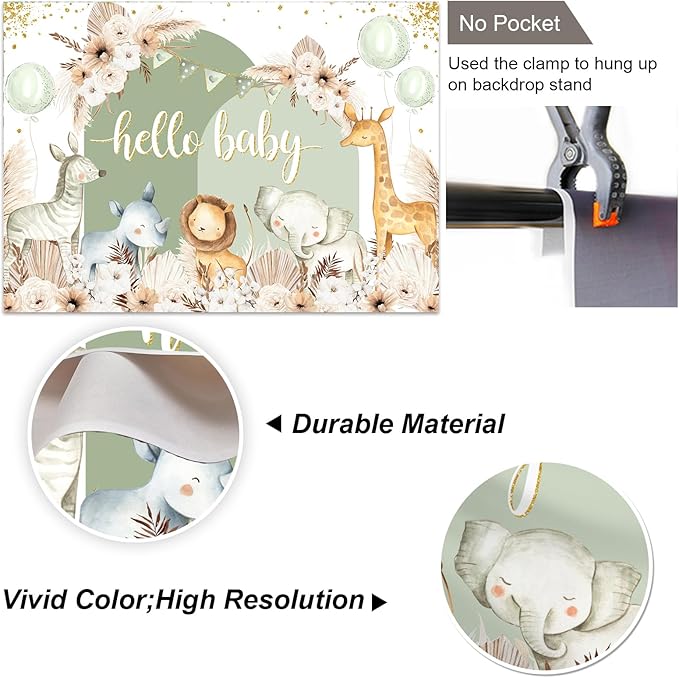 Hello Baby Backdrops Boho Floral Pampas Grass Baby Shower Photography Background Balloon Animals Party Decorations Banner Photo Booth Props(Green, 7x5ft)
