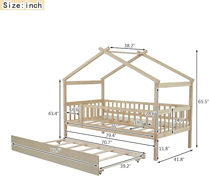 Merax Twin Size Wooden House Bed with Twin Size Trundle, Wood Bed Frame with Roof and Safety Guardrail for Kids, Teens, Boys or Girls, Natural