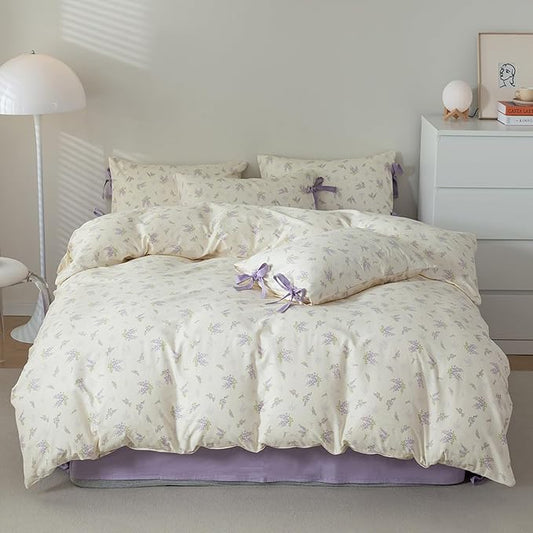 HighBuy Botanical Floral Duvet Cover Queen Boho Duvet Cover Set Soft Cotton Coquette Bedding White Duvet Cover Comforter Cover Vintage,Soft Cotton Queen Bedding Set with 2 Bowknot Bow Tie Pillowcases