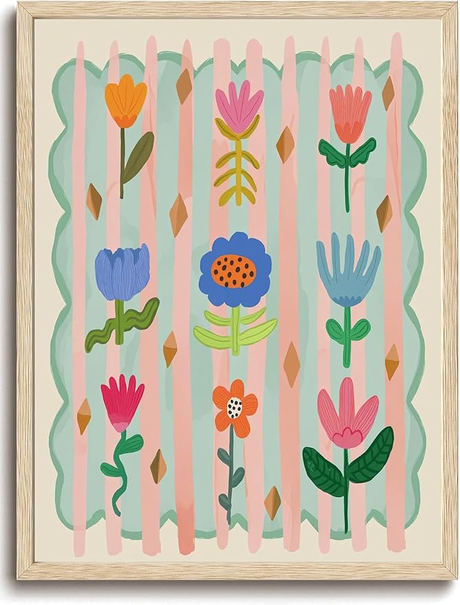 KISSFOX Framed Wall Art Nursery Wall Decor Cute Floral Pictures Kids Colorful Flower Canvas Art Boho Whimsical Paintings Artwork For Children Boys Girls Room