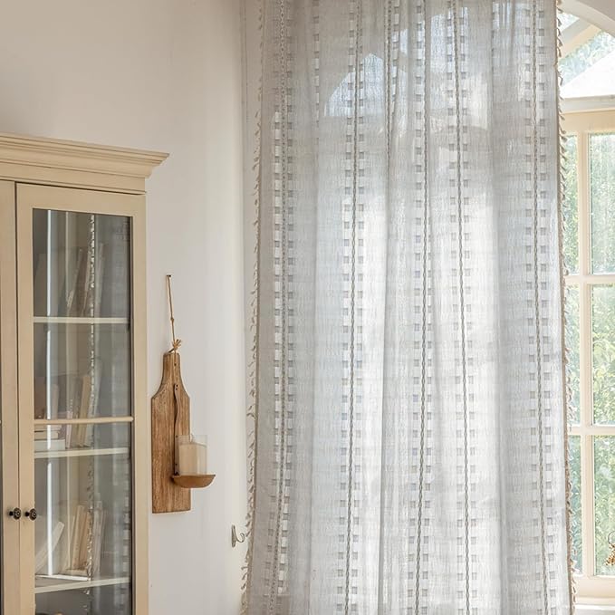 Deeprove Silver Grey Boho Curtain 63 inches Length for Living Room Bedroom Nursery, Retro Casual Bohemian Sheer 63 inches Long Stripe Embroidery Privacy Window Tassel Decor W52 x L63, 1 Panel
