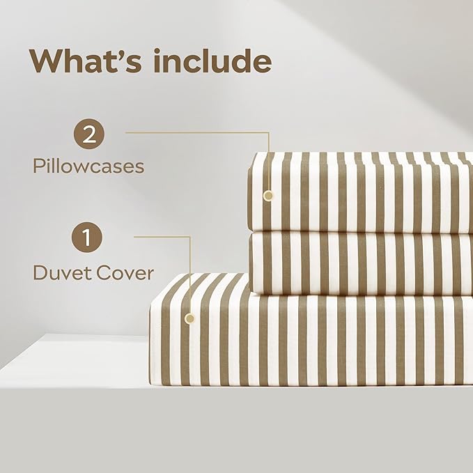 JELLYMONI 100% Natural Cotton 3pcs Striped Duvet Cover Sets,White Duvet Cover with Khaki Stripes Pattern Printed Comforter Cover,with Zipper Closure & Corner Ties(Queen Size)