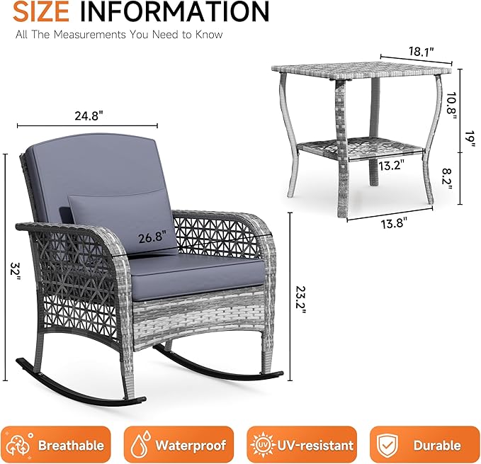 DECMICO 3-Piece Rattan Rocking Chair Set, PE Patio Bistro Furniture with Cushions & Coffee Table for Garden Backyard Porch, Dark Grey