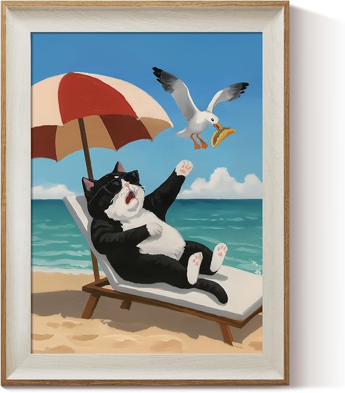 ARPEOTCY Framed Canvas Wall Art, 12x16 Inch Funny Black and White Cat on the Beach Print, Coastal Wall Decor for Bathroom, Bedroom, or Living Room, Humorous Gift for Cat Lovers
