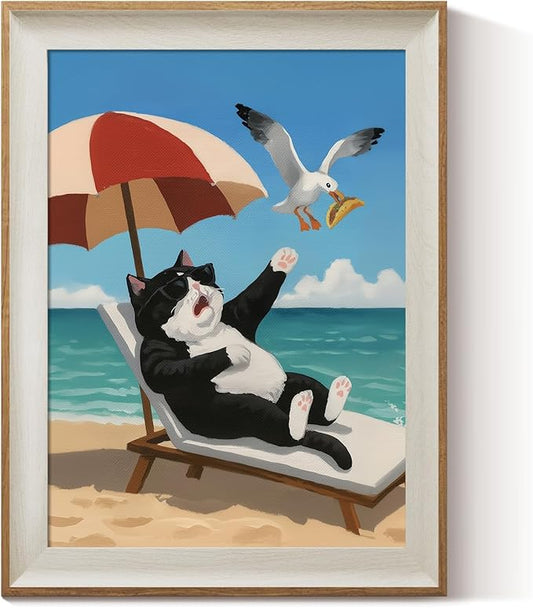 ARPEOTCY Framed Canvas Wall Art, 12x16 Inch Funny Black and White Cat on the Beach Print, Coastal Wall Decor for Bathroom, Bedroom, or Living Room, Humorous Gift for Cat Lovers