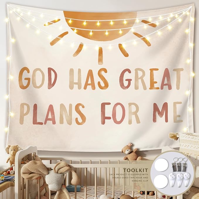LIANGW Boho Neutral Baby Nursery Christian Wall Tapestry – God Has Great Plans for Me Bible Verse Decor, Inspirational Toddler Room Tapestry for Boys,Teens Room Decoration Room Bedroom 50x60 inches