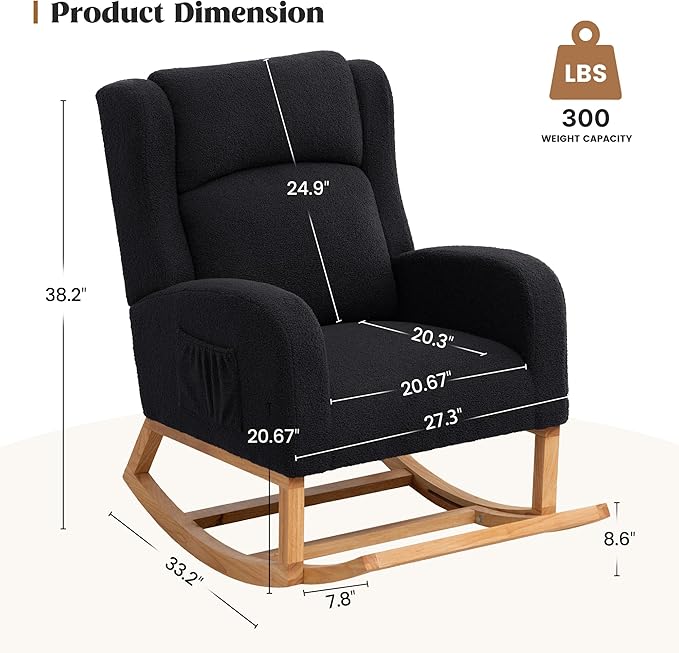 Rocking Chair Nursery, Nursing Rocking Chairs for Mom Nursery, Comfy Wingback Glider Rocking Armchair with Foot Rest and Side Pocket for Nursery Living Room Bedroom, Teddy Black