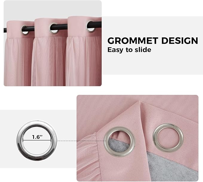 100% Blackout Curtains for Bedroom, Double Layer Pink Curtains, Black Out Curtain 108 inch Long with Sheer Overlay for Living Room, Room Darkening Window Drapes with Grommet, 52" W x 108" L