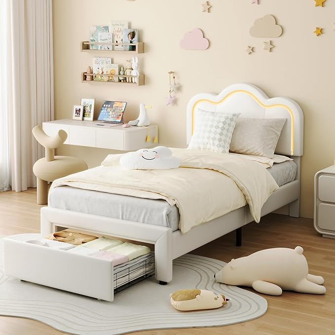 GarveeHome Twin Upholstered LED Bed Frame with Headboard, Faux Leather Princess Platform Bed Fram for Kids, Wooden Slats Support, No Box Spring Needed (Cream with Drawer, Twin)
