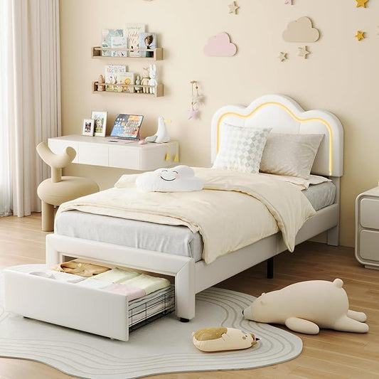 GarveeHome Twin Upholstered LED Bed Frame with Headboard, Faux Leather Princess Platform Bed Fram for Kids, Wooden Slats Support, No Box Spring Needed (Cream with Drawer, Twin)