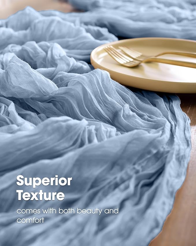 Pureegg 3-Pack Cheese Cloths Table Runner, 120'' Boho Table Cloth Decorations for Party, Baby Shower, Wedding and Farmhouse, Fabric Room Decor, Dusty Blue