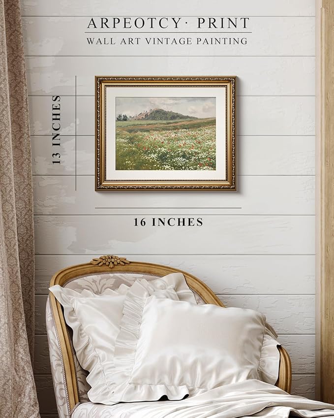 ARPEOTCY Vintage Gold Framed Wall Art, Fields with Wild Poppies Retro Paintings, Canvas Prints Artwork with Antique Frame, Victorian Wall Picture Decor for Gallery Living Room 13x16 inch